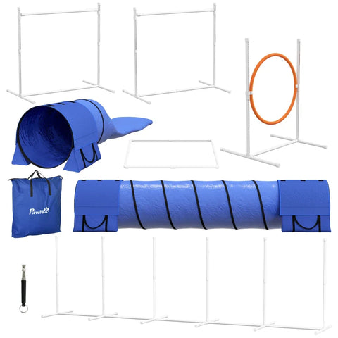 Rootz Dog Agility Set - 1 Hoop - Dog Course - 2 Tunnels - 2 Hurdles - U-shaped Ground Spike - Carry Bag - Plastic-ABS-oxford - White-orange-blue - 321 cm x 63c m x 93 cm
