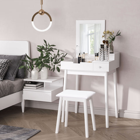 Rootz Dressing Table Set with Stool - Vanity Desk - Makeup Station - Foldable Mirror & Storage - MDF & Pine - 60cm x 50cm x 86cm