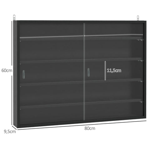 Rootz Wall Showcase - Collector's Display Case - Adjustable Shelves - Glass Sliding Doors - Protects Collectibles - 80 x 9.5 x 60 cm, Black