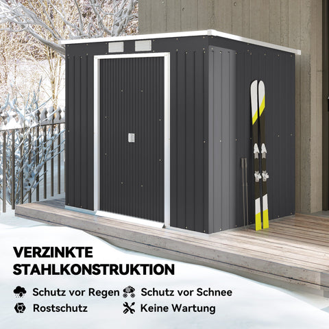 Rootz Tool Shed - Garden Storage House - Outdoor Organizer - Ventilated, Weatherproof - Galvanized Steel, Sliding Doors, 213x130x172cm, Grey and White