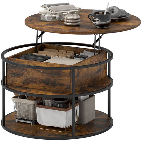 Rootz Round Coffee Table - Lifting Table Top - Storage Coffee Table - Space-Saving Design - Ø80cm x 47-61.5H cm - Brown