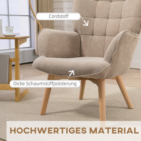 Rootz Accent Chair and Ottoman Set - Wing Chair - Armchair - Comfortable Seating - Versatile Use - Stylish Design - 72cm x 80cm x 101cm - Beech Wood and Cord Look
