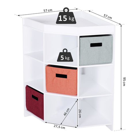 Rootz Corner Shelf Storage - Space-Saving Standregal - Cabinet with Drawers - MDF White - Anti-Tilt Stability - 57cm x 57cm x 95cm