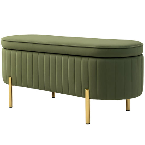 Rootz Bench with Storage - Upholstered Seat - Velvet Bench - Comfortable & Elegant - 108cm x 44cm x 43.5cm - Green & Gold