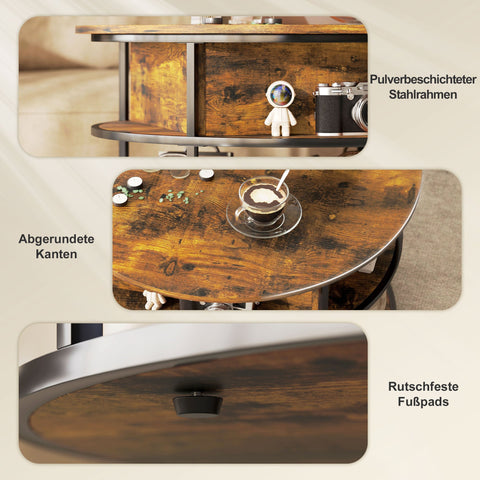 Rootz Round Coffee Table - Lifting Table Top - Storage Coffee Table - Space-Saving Design - Ø80cm x 47-61.5H cm - Brown