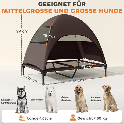 Rootz Elevated Outdoor Dog Bed - Pet Shelter - Raised Canopy - Sun Protection - 106 x 76 x 99 cm - Brown
