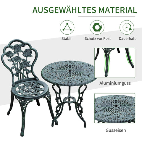 Rootz 3 Piece Bistro Set - Garden Furniture - Outdoor Patio Set - Antique Green - Weatherproof - Durable - Parasol Holder - Chair: W49 x D40 x H82 cm, Table: Ø60 x H69 cm