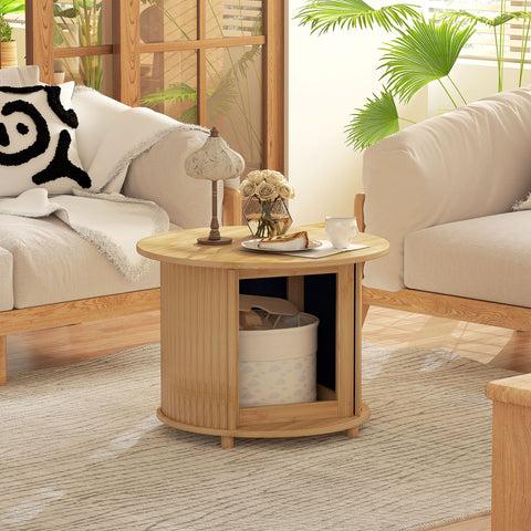 Rootz Round Side Table - Coffee Round Table - Bamboo Sofa Table - Hidden Storage, Sliding Door - Ø60 x 45cm, Holds 20 kg