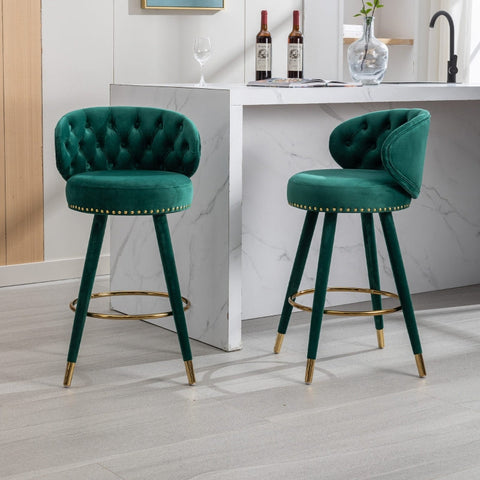 Rootz Velvet Bar Stools - Retro Design - Modern Details - 360° Rotation - Emerald Color - 53cm x 50.5cm x 93cm