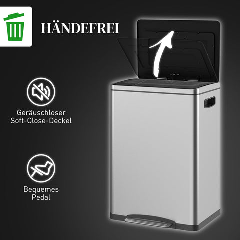 Rootz Garbage Can - Waste Bin - Trash Container - Quiet & Hygienic Experience - Stainless Steel, Silver, 2x 20L - 40cm x 34.8cm x 59cm
