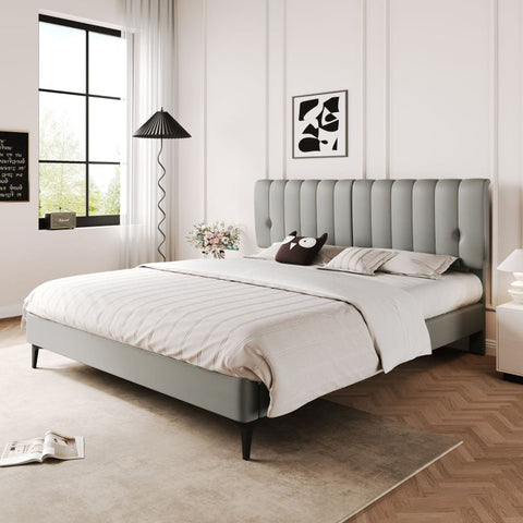 Rootz Gray Upholstered Bed - Modern Bed Frame - Easy-Care Bed - Removable Backrest - PU Material - 203cm x 148cm x 107.5cm