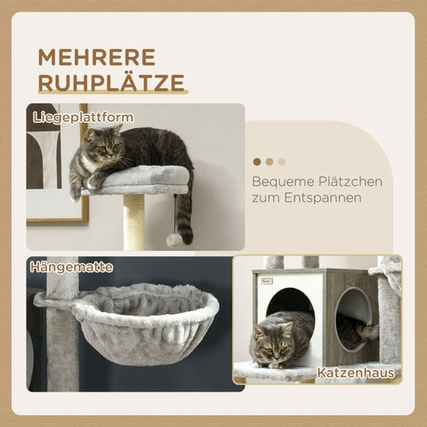 Rootz Cat Scratching Post with Cave - Cat Tree - Multi-Level Cat Tower - Sisal Rope - 48.5cm x 48.5cm x 141.5cm