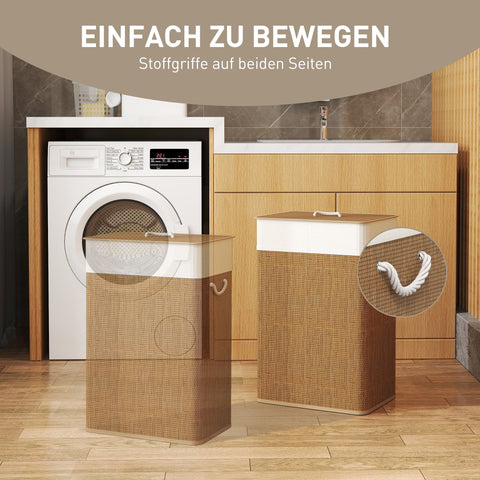 Rootz Bamboo Laundry Basket with Lid - Washing Collector - Removable Clothes Sack - 72L Capacity - 40cm x 30cm x 60cm - Bamboo Handles Brown