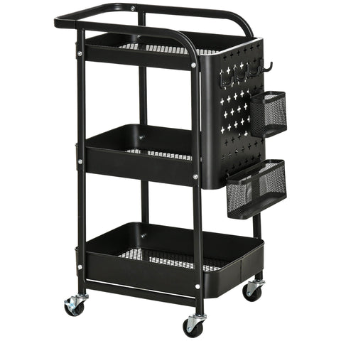 Rootz 3 Tier Metal Serving Trolley - Kitchen Cart - Utility Trolley - 2 Cutlery Racks - 51.5L x 32W x 75.6H cm - Black