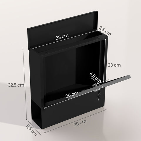 Rootz Black Mailbox with Viewing Window - Wall Mountable - Lockable - Rust & Weatherproof - 30cm x 8.5cm x 32.5cm
