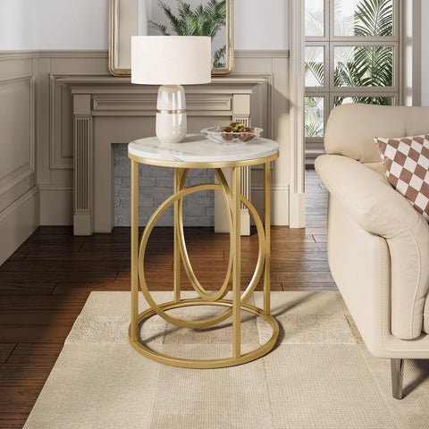 Rootz Round End Table - Side Table - Coffee Table - Faux Marble Top - 50.00 cm Dia x 65.50 cm H. - MDF & Metal Frame - Easy to Assemble