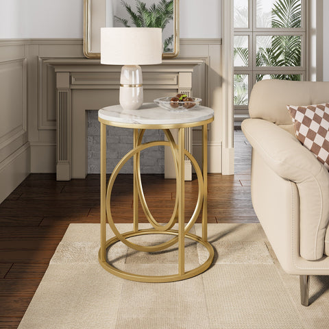 Rootz Round End Table - Side Table - Coffee Table - Faux Marble Top - 50.00 cm Dia x 65.50 cm H. - MDF & Metal Frame - Easy to Assemble