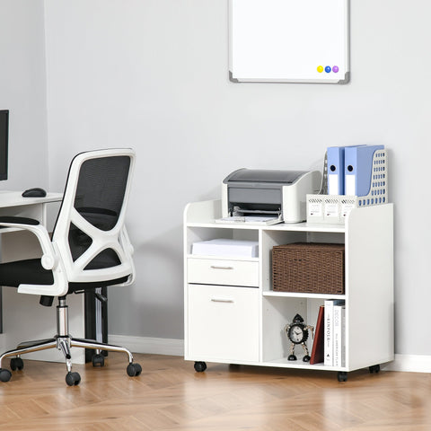 Rootz Printer Stand - Rollable Office Organizer - Mobile Storage - Adjustable Shelves - 80L x 40W x 72H cm, White Wood