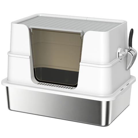 Rootz Stainless Steel Cat Toilet - Litter Box - Kitty Lavatory - Scratch-Resistant - XL Interior with Shovel - 60.2cm x 40.2cm x 44.5cm