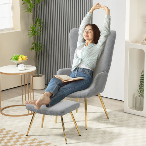 Rootz Lounge Relaxation Armchair Set - Foot Stools - Grey Bouclé Fabric - Great Comfort - 73x68x111cm Armchair, 52x38x40cm Stool