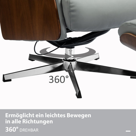 Rootz Relaxation Chair with Stool - Reclining Chair - Swivel TV Chair - 135° Tilt Function - 80W x 84D x 108H cm - Grey