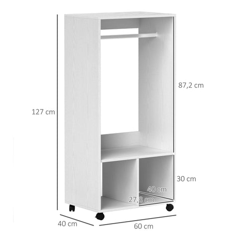 Rootz Mobile Wardrobe - Clothes Storage Organizer - White Closet - Easy Mobility - 60cm x 40cm x 127cm