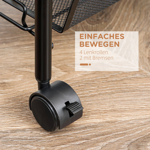 Rootz Trolley with 4 Hanging Baskets - Serving Trolley - Mobile Cart - Steel, Lockable Wheels - 45cm x 26.5cm x 84cm - Extra Storage Space