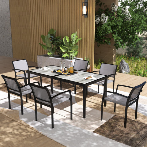 Rootz 7 Piece Eating Set - Garden Dining Set - Outdoor Furniture - Stackable & Easy to Clean - Steel Frame - Table 180x87x72cm, Chairs 55.5x59x80cm, Grey