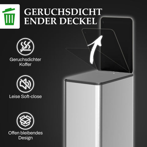 Rootz 20L Trash Can with Lid - Stainless Steel - Fingerprint-Proof - Kitchen Garbage Bin - Odor-Free Closure - 21.5cm x 37.2cm x 57cm