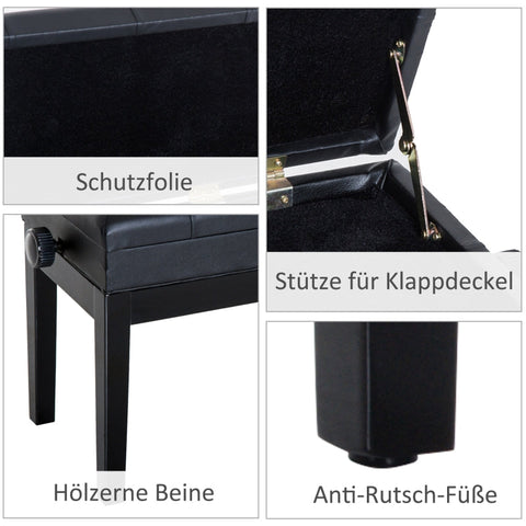 Rootz Adjustable Piano Stool - Piano Bench - Music Seat - Extra Thick Padding - Adjustable Height - Storage Compartment - 54.5cm x 33cm x 48-58cm - Faux Leather