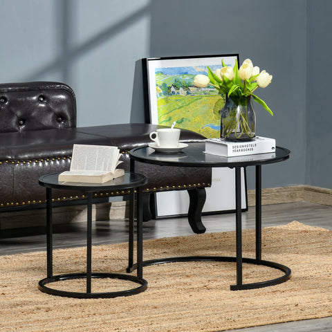 Rootz 2 Piece Coffee Table Set - Side Tables - Marble Optic Tables - Space-Saving Design - Ø60 x 46cm, Ø40 x 40cm