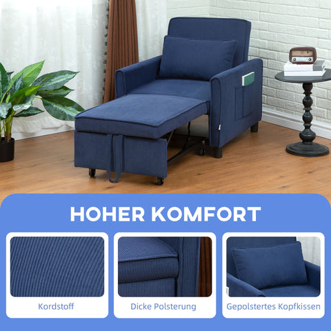 Rootz Adjustable Corduroy Sleeper Chair - Convertible Bed Chair - Recliner Chair - Comfort - 74cm x 84cm x 81cm (Sofa), 61cm x 180cm x 41cm (Bed)