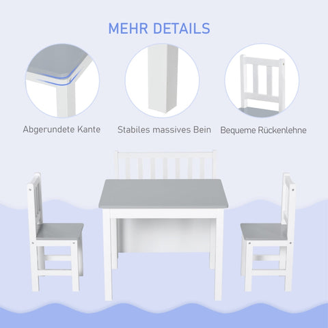 Rootz Children's Seating Group - Kids' Furniture Set - Children's Table and Chairs - Durable Pine and MDF - Convenient Storage - Easy to Assemble - Table: 60L x 50W x 48H cm, Chair: 25L x 25W x 55H cm, Bench: 60L x 30W x 55H cm