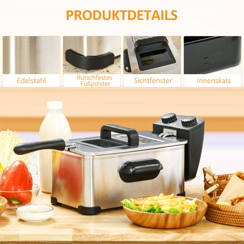 Rootz 3L Deep Fryer - Oil Cooker - Electric Fryer - 2000W Power - Black and Silver- Transparent Lid - 40.5cm x 24cm x 20.8cm