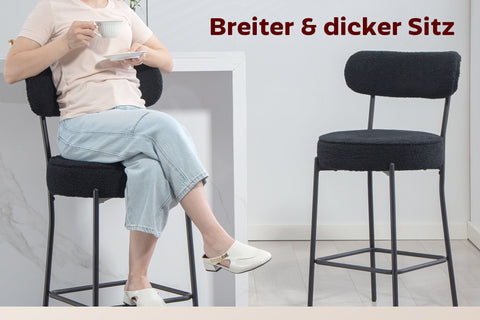 Rootz Set of 2 Bar Chairs - Upholstered Bar Stools - Kitchen Counter Chairs - Comfortable & Modern - Black Fleece, Footrest, 49x52x95 cm