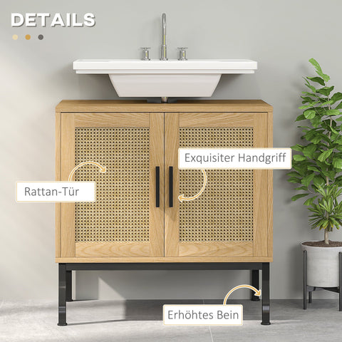 Rootz Bathroom Cabinet - Boho Design - Sink Storage Unit - Rattan Elements - Fits Under Sink - Brown - 60x39x60 cm
