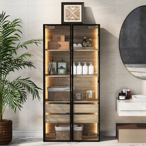 Rootz Bathroom Cabinet - Storage Unit - LED-Lit Cabinet - Modern Design - 74cm x 36cm x 155cm