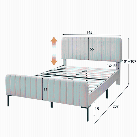 Rootz Gray Beige Double Bed - Upholstered Bed - Modern Bed Frame - Comfort & Style - 209L x 145W x 101-107H cm