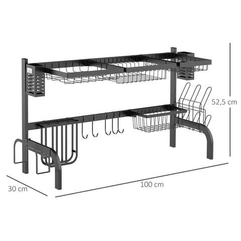 Rootz 2-Stage Drip Stand - Dish Drainer - Plate Rack - Maximizes Organization - Black Steel - 100cm x 30cm x 52.5cm