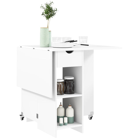 Rootz Folding Dining Table - Space-saving Table - Extendable Table - Storage & Wheels - White - 114.5W x 70D x 75H cm