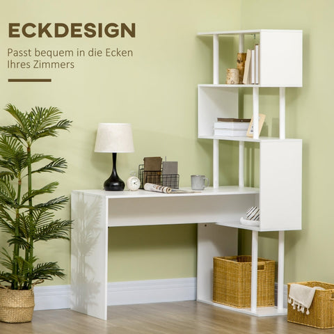 Rootz Gaming Table with 4 Shelves - Corner Desk - Computer Desk - Spacious Work Surface - Ample Storage - Space-Saving Design - 120cm x 80cm x 176cm - White Chipboard