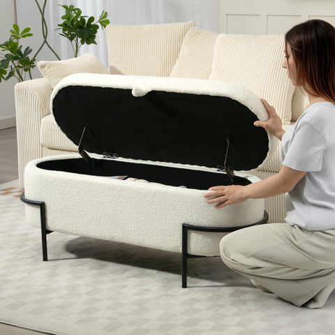Rootz Storage Stool - Ottoman Bench - Footrest Seat - Hidden Storage - White - Fleece Cover - Steel Legs - 114.5 x 40 x 48 cm