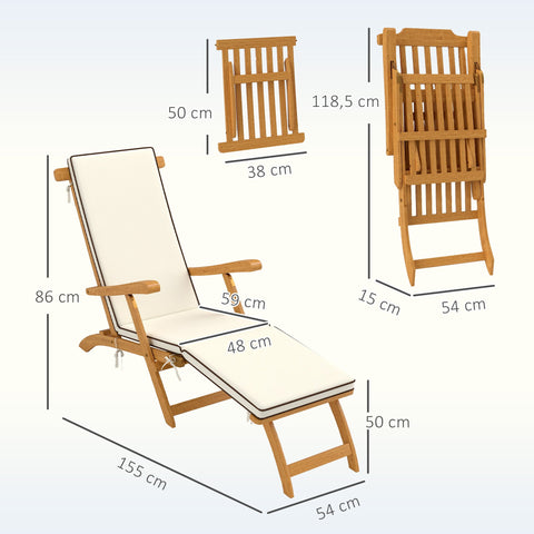 Rootz Foldable Garden Lounger - Sun Lounger - Deck Chair - Supports 160kg - 155cm x 54cm x 86cm - White, Brown Finish