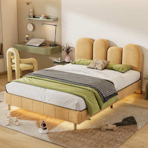 Rootz Upholstered Bed Frame - Velvet Platform Bed - LED Bed - Cozy Lighting - Fits 140x200 cm Mattress - 207x149x103 cm - Khaki