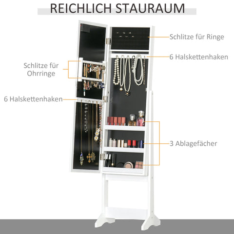 Rootz LED Jewelry Cabinet with Mirror - Stand Mirror - Adjustable Mirror - Warm LED Lighting - 136cm x 36cm x 30cm