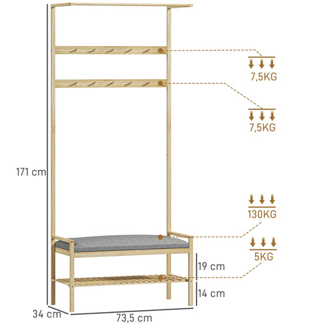 Rootz Wardrobe with Shoe Bench - Clothes Rail - Hall Tree - Bamboo Storage - 73.5cm x 34cm x 171cm