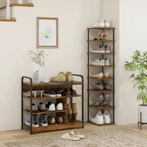 Rootz Industrial Shoe Rack - 4 Tier Shoe Stand - Wood Grain & Black Frame - Open Design - Holds 11 Pairs - Sturdy Steel Frame - 70cm x 30cm x 65cm