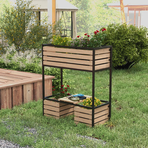 Rootz Raised Bed - 2 Tier Raised Bed - 3 Planter - Storage Shelf - Natural Wood - Metal Frame - Fir Wood - Light Brown - 83W x 39D x 100H cm
