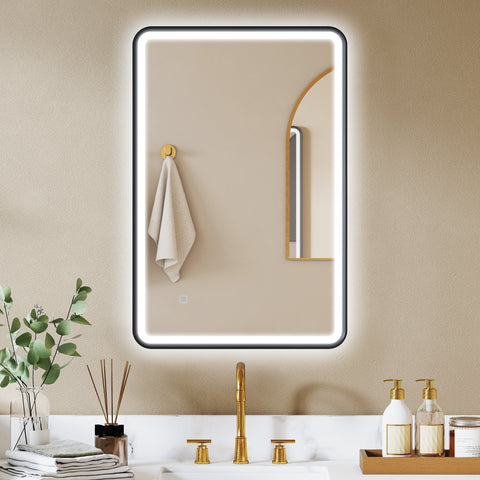 Rootz LED Bathroom Mirror 90x60cm - Vanity Wall Mirror - Dimmable Lighted Mirror - Anti-Fog, Memory Touch, IP44 Splashproof, Black, 90 x 60 x 4 cm