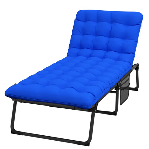 Rootz Sun Lounger - 4-way Adjustable Backrest - Foldable - Magazine Compartment - Pillow - Dark Blue - 70cm x 190cm x 32cm